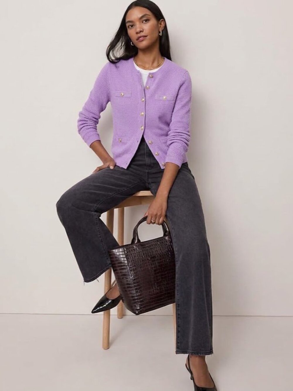 Ann Taylor Textured Gold Button Cardigan Lavender M